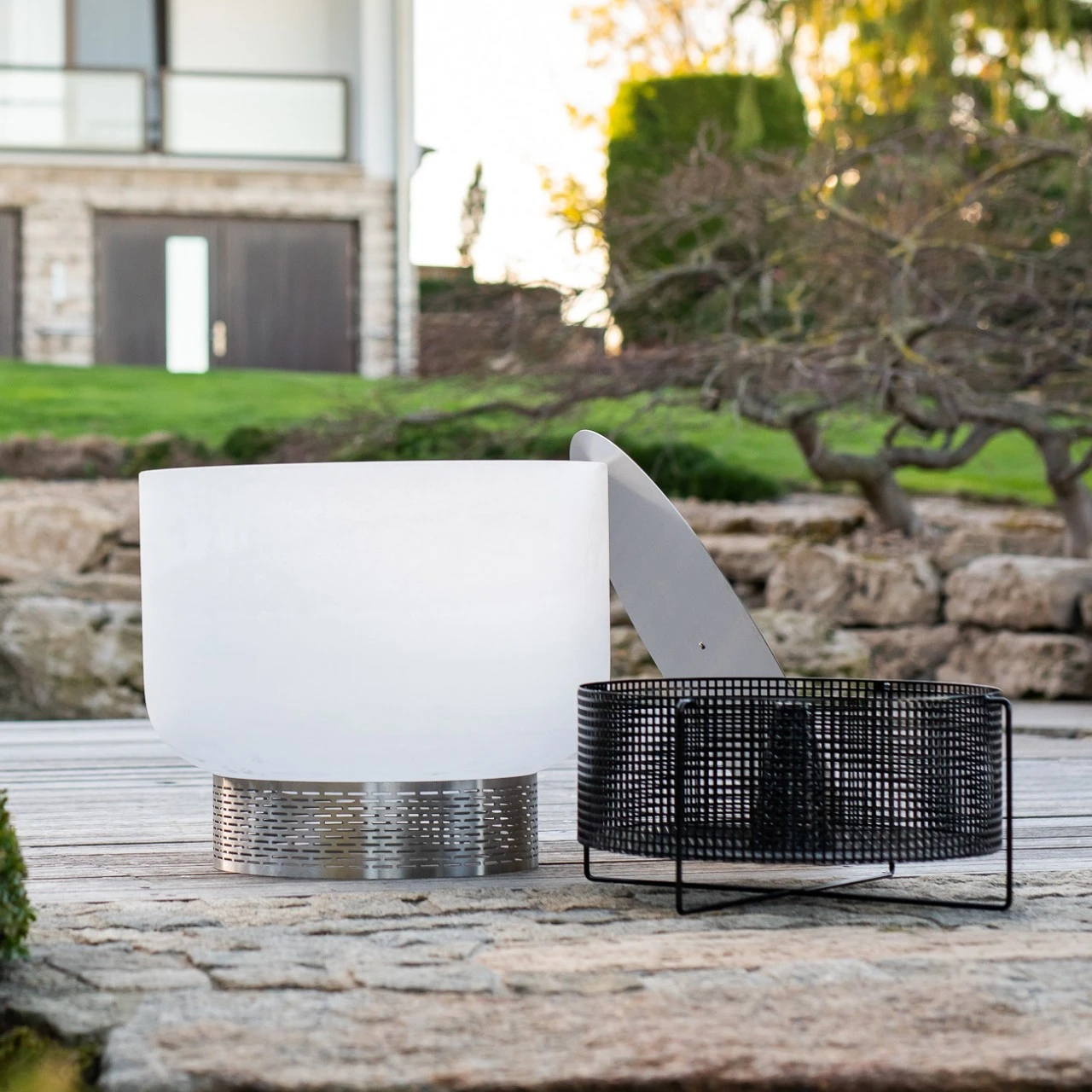 QFlame Basket Quarz Feuerschale Feuerkorb Terrassen Set – Bild 6